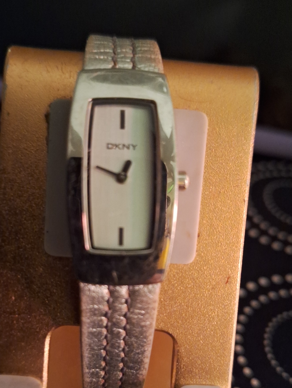 DKNY Silver Rectangular Dial Watch with Light Beige Leather Strap